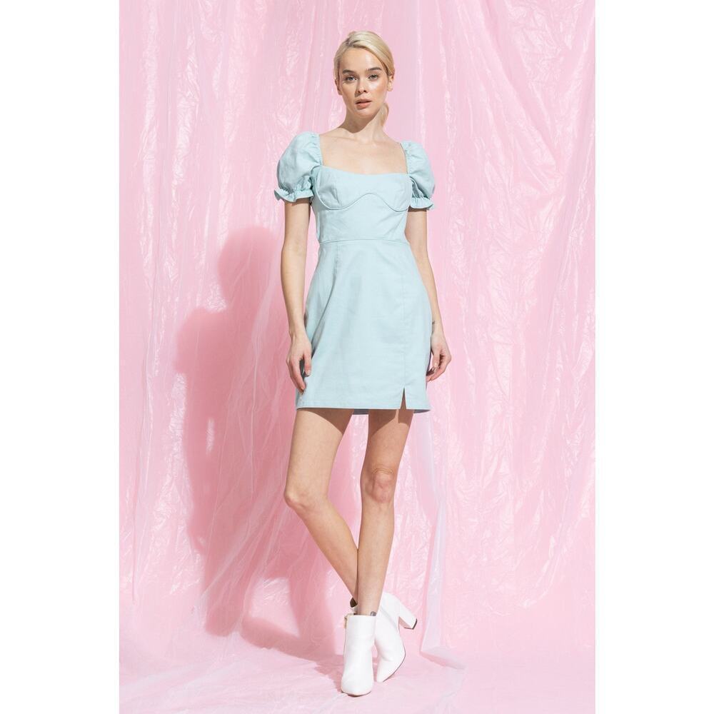 Lena Light Blue Puff Sleeve Open Back Mini